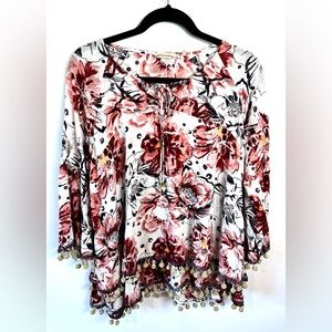 Soft Surroundings Floral Tiered Layered Blouse‎ Tassel Pom-Pom Boho Sz Large